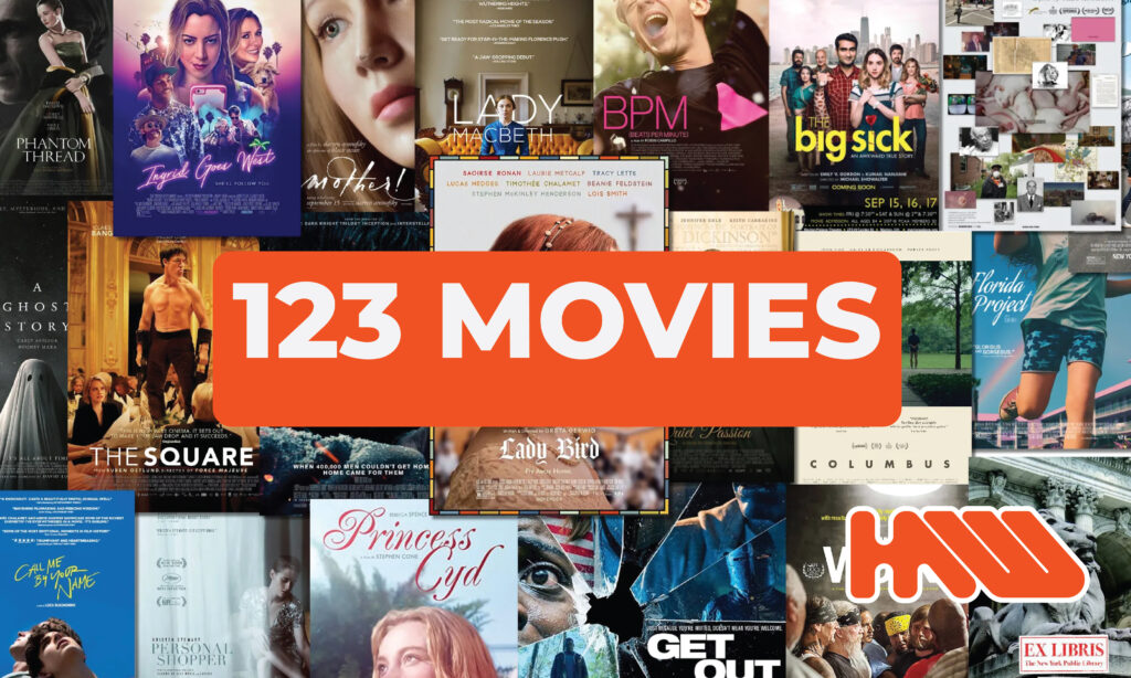 A collage of popular movie posters, including 'Get Out' and 'Lady Bird,' with the 123Movies logo overlaid in the center to represent a vast film library.